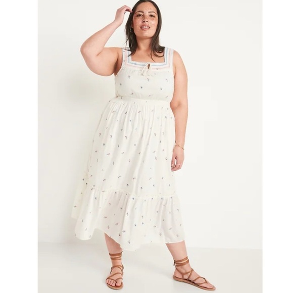 Old Navy Size 3X Cream Pink Embroidered Floral Boho Sleevelesy Midi Maxi Dress - Picture 1 of 10